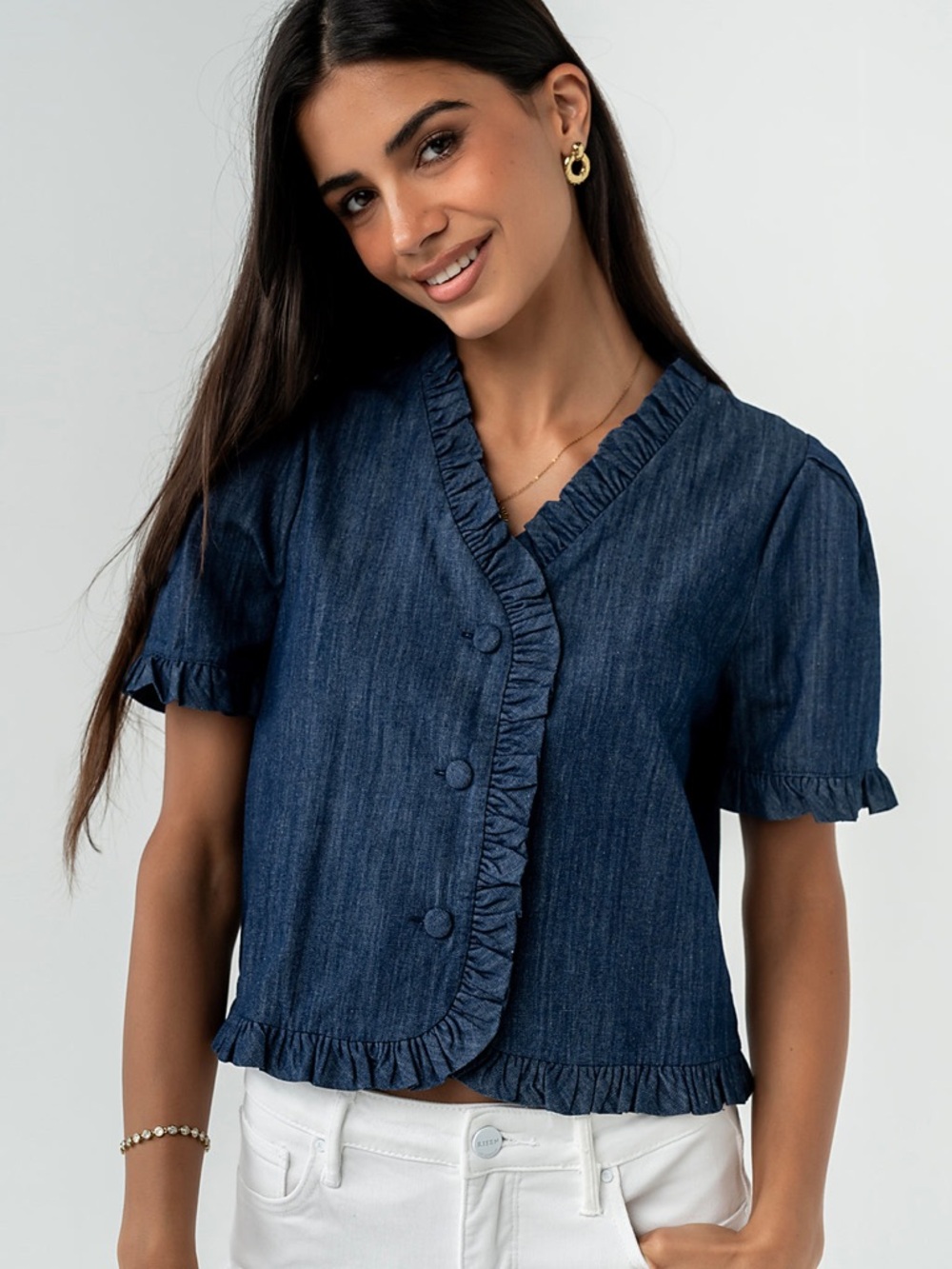 NWTS Bohme  Dark Blue Ruffle-Trim Denim Blouse